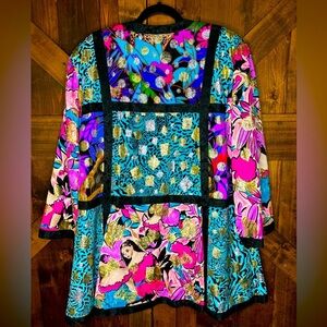 DIANE FREIS Vintage Silk Vivid Patchwork Collage Swing Jacket Kimono OS